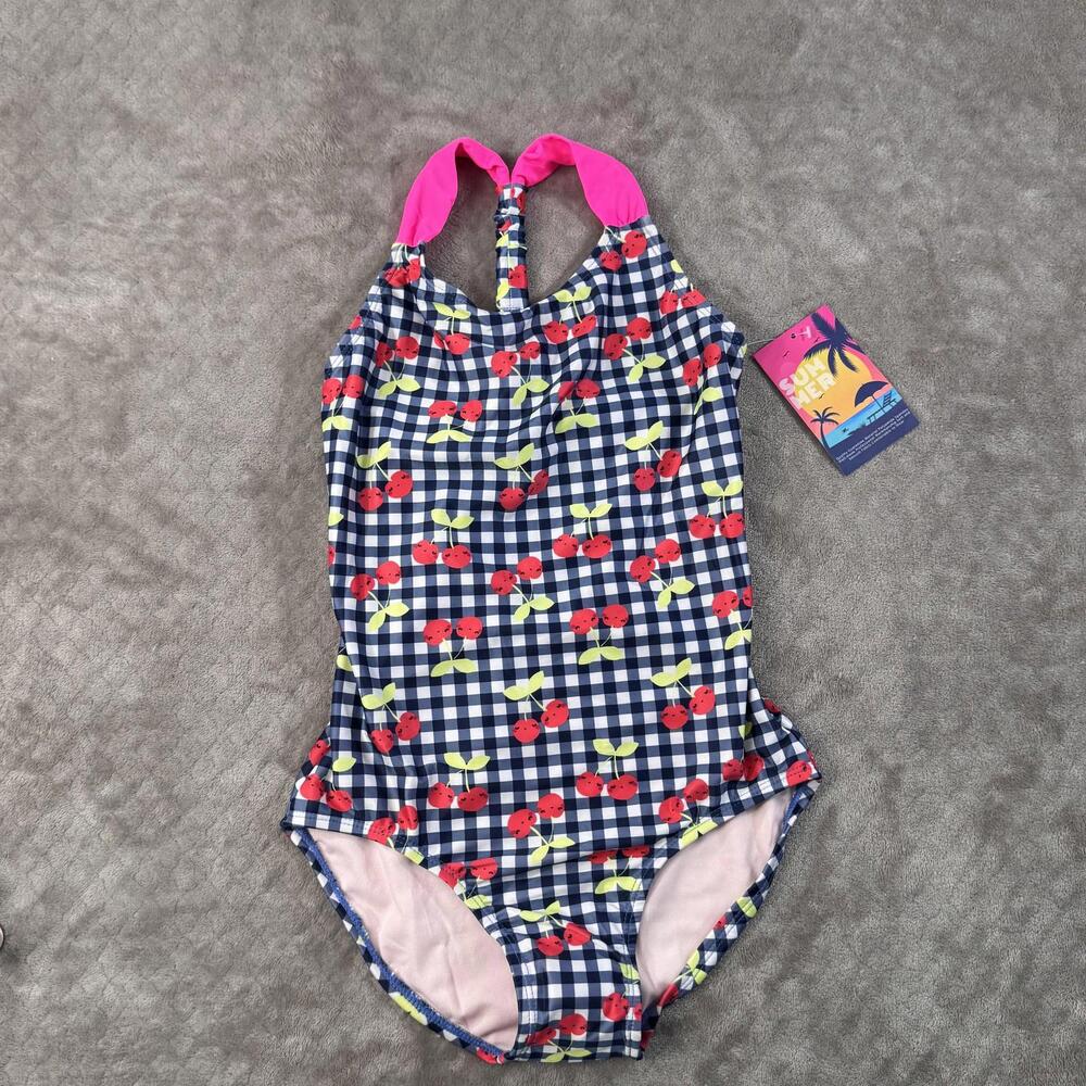 Cherry Gingham Swimsuit Girls Small Blue One Piece Pink Straps Youth Swim